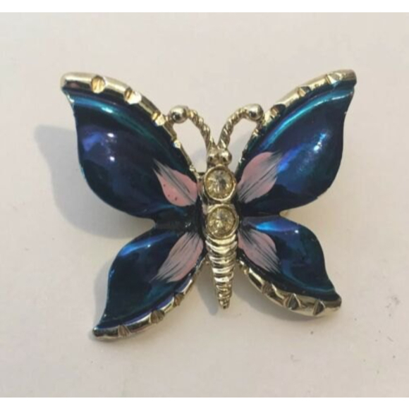 Beautiful BLUE BUTTERFLY BROOCH Lapel‎ PIN Enamel  Rhinestone Gold Tone Jewelry - Picture 1 of 8
